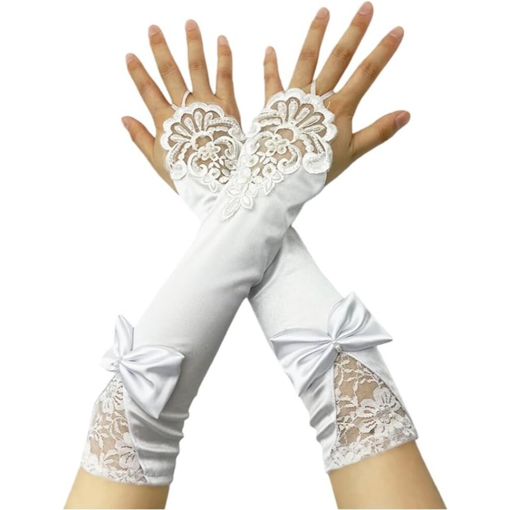 Women's A-B-White Fingerless Satin Long Evening Gloves Wedding Party Costumes